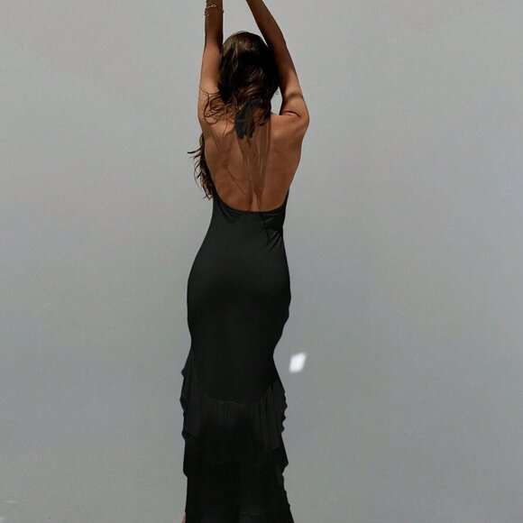 Black Sexy Women's Deep V-Neck Backless Layered Ruffled Hem 3D Floral Dress - Picture 2 of 8